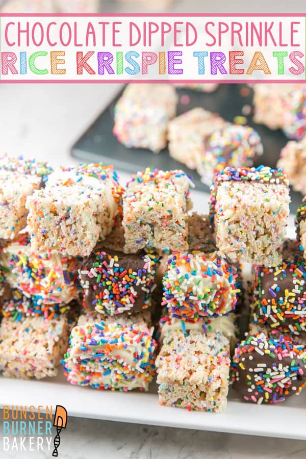 Sprinkle Rice Krispie Treats: Make rice krispie treats even more festive with the addition of sprinkles and a chocolate coating! The perfect no-bake treat for kids of all ages. #bunsenburnerbakery #ricekrispietreats #sprinkles #nobakedesserts