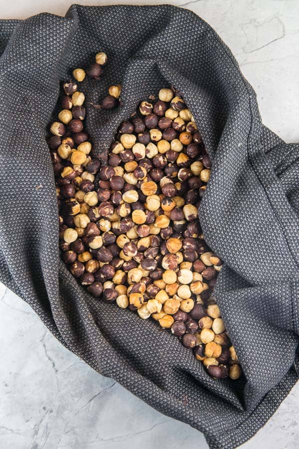 hazelnuts roasted and toasted in a home oven on a dishcloth after rubbing off the outer skin