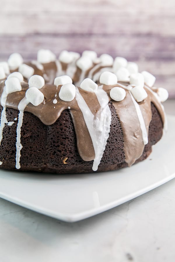 side view of a hot chocolate bundt cake with chocolate glaze and drips of marshmallow fluff.