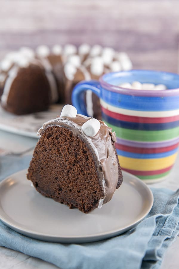 a slice of a hot chocolate bundt cake covered with miniature marshmallows next to a mug of hot chocolate.