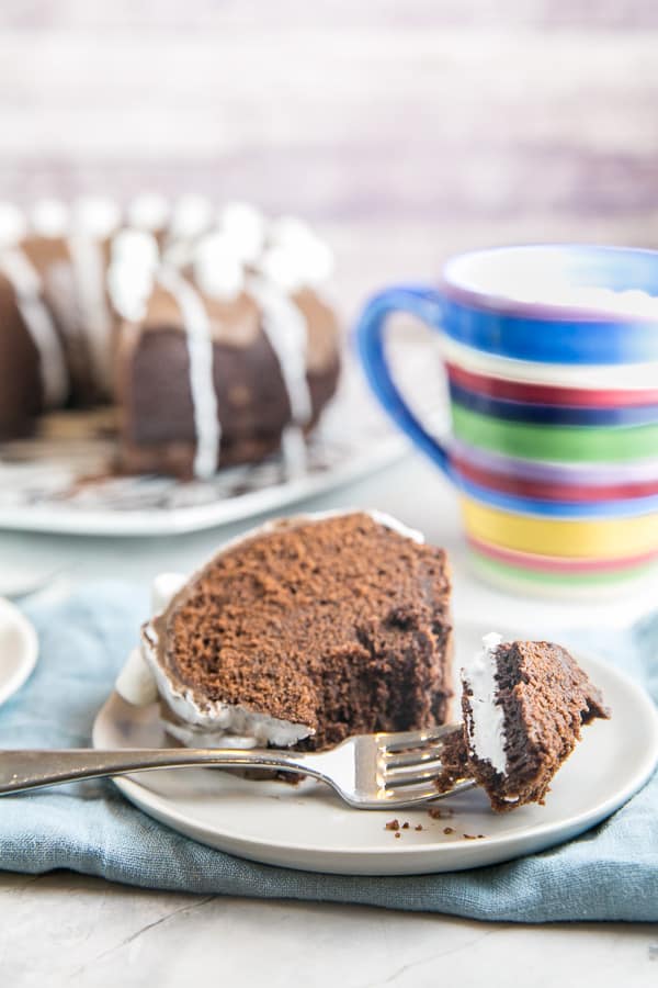 a fork resting on a dessert plate with a bite-sized piece of hot chocolate bundt cake.