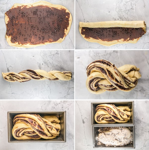 step by step photo instructions on how to shape a babka into a swirled loaf.