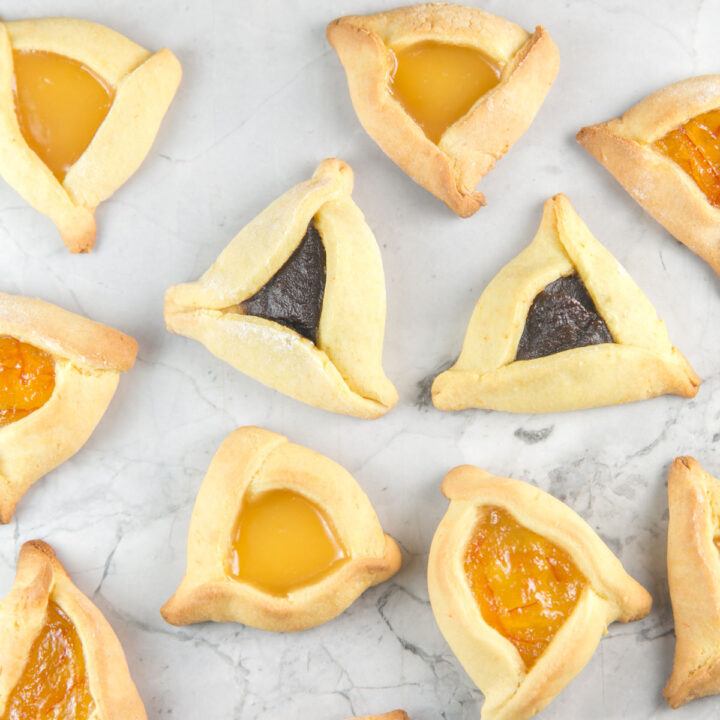 variety of homemade hamantaschen with different fillings