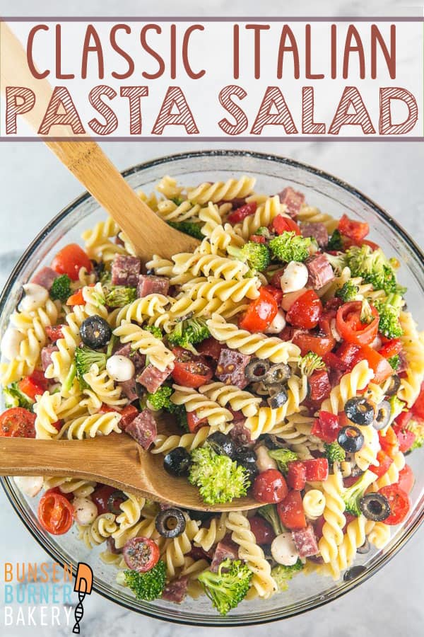 Classic Italian Pasta Salad: full of fresh vegetables, cheese, and salami, this colorful pasta salad is the perfect summer side. An extremely easy crowd pleaser that is even better when made ahead of time!