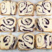 slices of babka with blueberry jam swirls