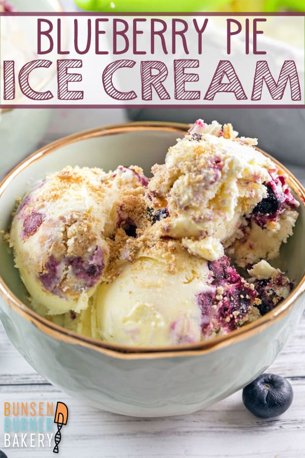 Blueberry Pie Ice Cream Recipe: it's your favorite summer pie... in ice cream form!  A creamy vanilla ice cream paired with homemade blueberry pie filling and graham cracker crumbs. #bunsenburnerbakery #icecream #blueberrypie #blueberryicecream #blueberry