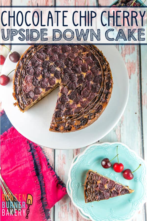 Chocolate Chip Cherry Upside Down Cake: an easy one bowl sour cream coffee cake recipe turned into a chocolate cherry upside down cake make with fresh cherries. The perfect make ahead breakfast or snack cake -- keep one in your freezer to pull out for unexpected guests!