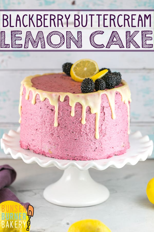 Lemon Curd Cake with Blackberry Buttercream Frosting: a triple level layer cake with lemon cake from scratch, filled with homemade lemon curd, and covered in fresh blackberry frosting and a lemon glaze. The perfect homemade birthday cake for lemon lovers!