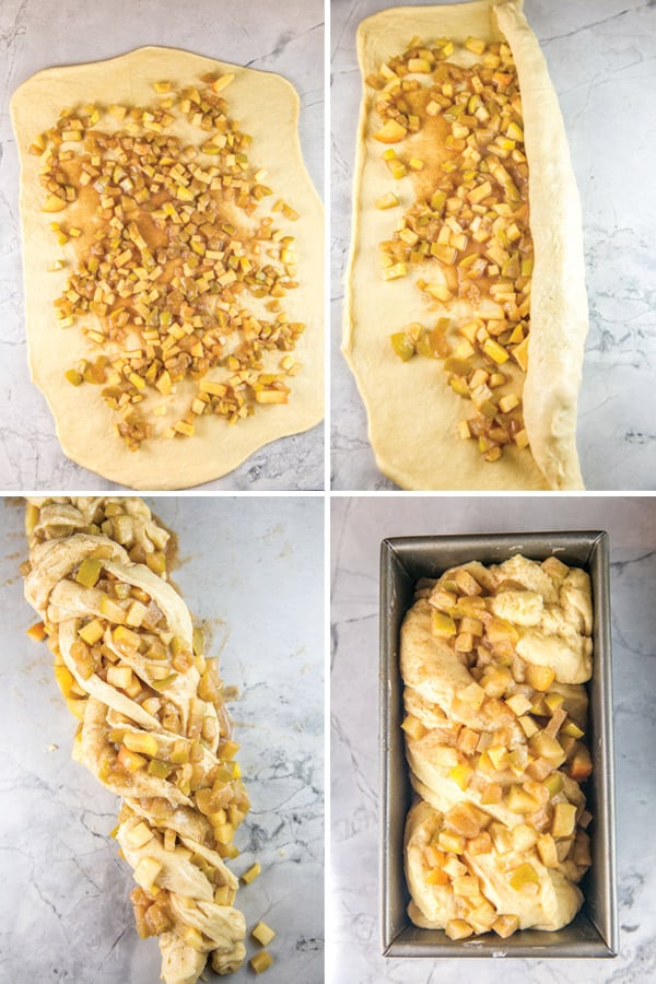step by step photos showing how to roll the dough, roll the apples in the dough, twist the dough, and transfer the honey apple babka dough into a loaf pan