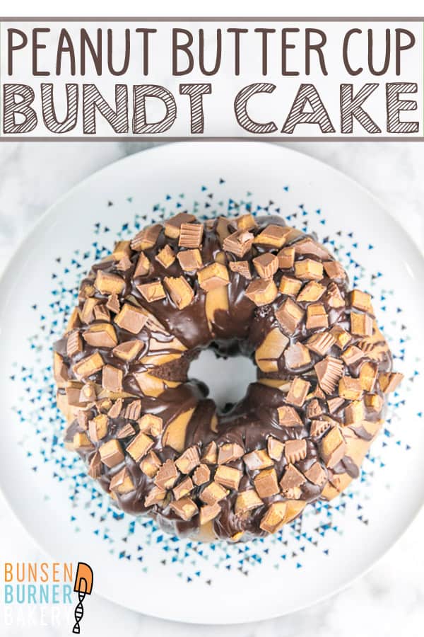 Chocolate Peanut Butter Cup Bundt Cake: light and fluffy chocolate cake made from scratch covered in peanut butter and chocolate ganache frosting, topped with chopped peanut butter cups. #bunsenburnerbakery #cake #chocolatecake #bundtcake #peanutbuttercup #chocolatepeanutbutter