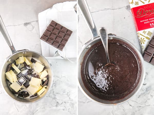diptych picture showing a small saucepan with chopped chocolate, butter, and heavy cream and the same saucepan with smooth melted chocolate, butter, and cream