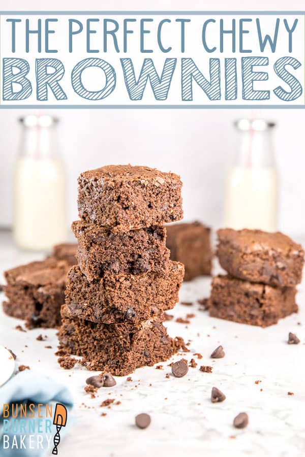 Perfect Chewy Brownies: This easy recipe for homemade chewy brownies is the PERFECT homemade brownie recipe! The ideal balance between fudgy and cakey, these moist brownies from scratch bake in a 9x13 pan to make a big batch to feed a crowd - or freeze leftovers to save for later! #bunsenburnerbakery #brownies #chewybrownies #homemadebrownies #browniesfromscratch