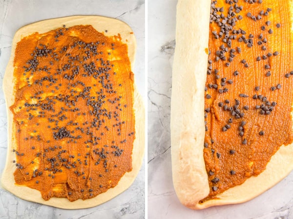 two paneled photo showing a rectangle of babka dough with pumpkin filling and chocolate chips scattered on top; second panel shows dough starting to roll up into a cylinder.