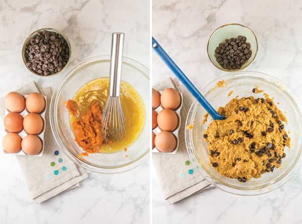 two paneled photo showing a mixing bowl filled with pumpkin puree, melted butter, brown sugar, and a whisk and a second photo with ingredients and a blue spoon with the dough to make pumpkin chocolate chip cookie bars