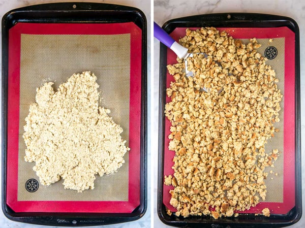 a pie of oatmeal cookie dough lumped together on a cookie sheet and then shown crumbled into oatmeal cookie crumbs to be turned into oatmeal cookie ice cream