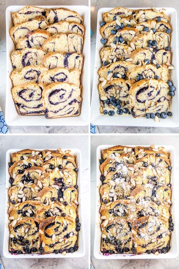 four panels of pictures showing unbaked babka french toast casserole, then the casserole topped with blueberries and sliced almonds, then the baked casserole, and lastly the baked casserole topped with powdered sugar.