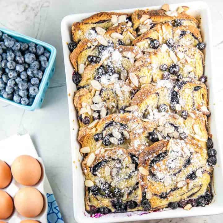 Babka French Toast Casserole: Make babka even more impressive, by turning it into French toast, with this easy make ahead recipe! Lots of flavor combinations for dozens of babka recipes - both sweet and savory. Plus freezing instructions to make this overnight casserole months ahead of time, too! #bunsenburnerbakery #babka #frenchtoast #breakfastcasserole #frenchtoastcasserole #breakfast