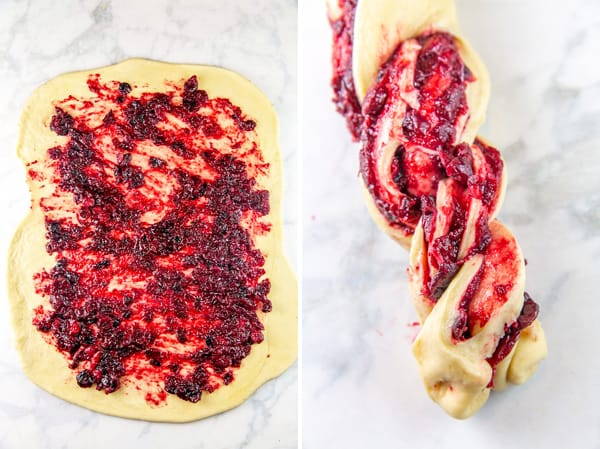 step by step photos showing a rectangle of babka dough with cranberry filling spread across it and the dough twisted.