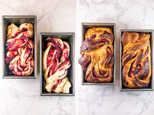 two side by side photos showing two loaves of cranberry orange babka in loaf pans before baking and after baking
