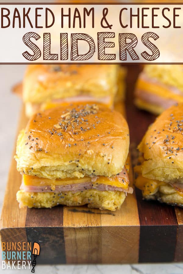 Baked Ham and Cheese Sliders: These crowd pleasing sliders on Hawaiian rolls take just 5 minutes to make and can be made ahead of time for the perfect quick and easy party food. Great for holiday parties, football parties, tailgates, or an easy weeknight dinner! #bunsenburnerbakery #sliders #sandwiches #hamandcheese #superbowl #footballparty