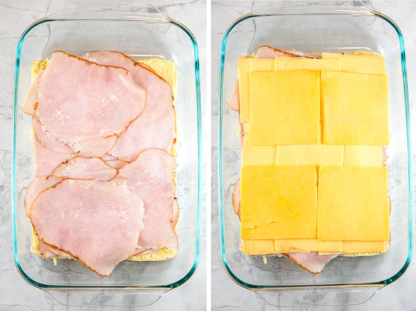 layers of thinly sliced deli ham and cheddar cheese piled high on slider bread.