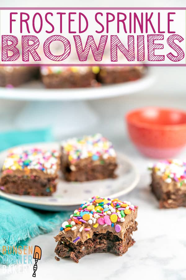 Frosted Sprinkle Brownies: These easy homemade fudgy and chewy brownies are better than boxed mix, but just as easy!  And the best part?  The rich and creamy chocolate frosting and colorful sprinkles!  Loved by kids and adults alike! #bunsenburnerbakery #brownies #frosting #chocolate #sprinkles