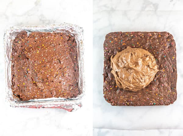 side by side photos of the unbaked brownie batter in the pan and the baked brownies with a pile of chocolate frosting on top