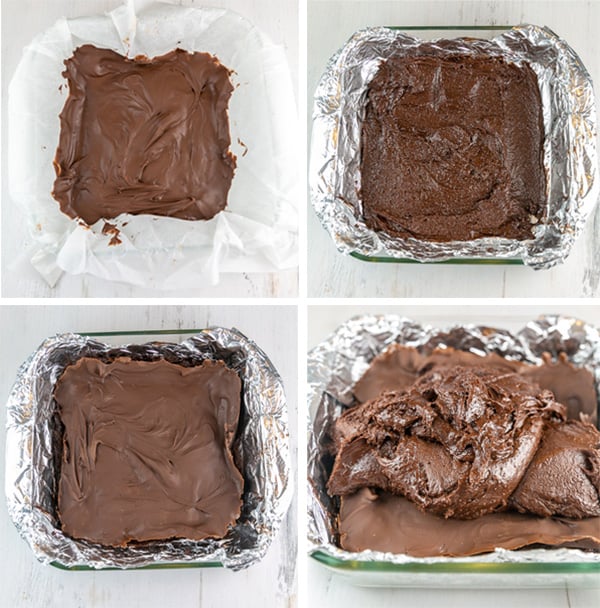 step by step photos showing frozen nutella on parchment paper, spreading the bottom layer of brownie batter, placing the frozen nutella on top, and covering with more brownie batter