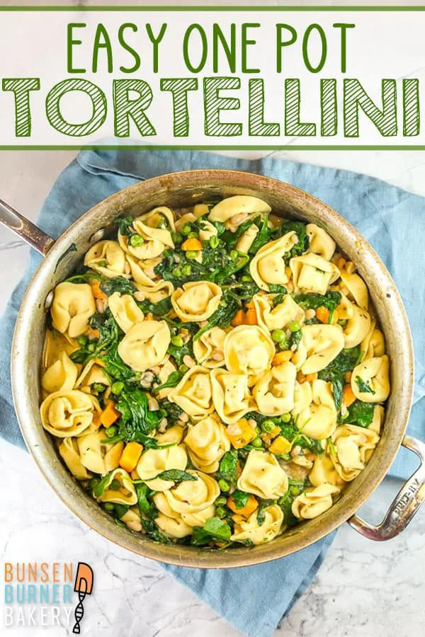 One Pot Tortellini with Sweet Potatoes and Spinach: It doesn't get any easier than this all-in-one skillet recipe filled with tortellini, sweet potatoes, spinach, beans, and peas! Serve as is for a filling vegetarian meatless meal, or add sausage for a protein boost.