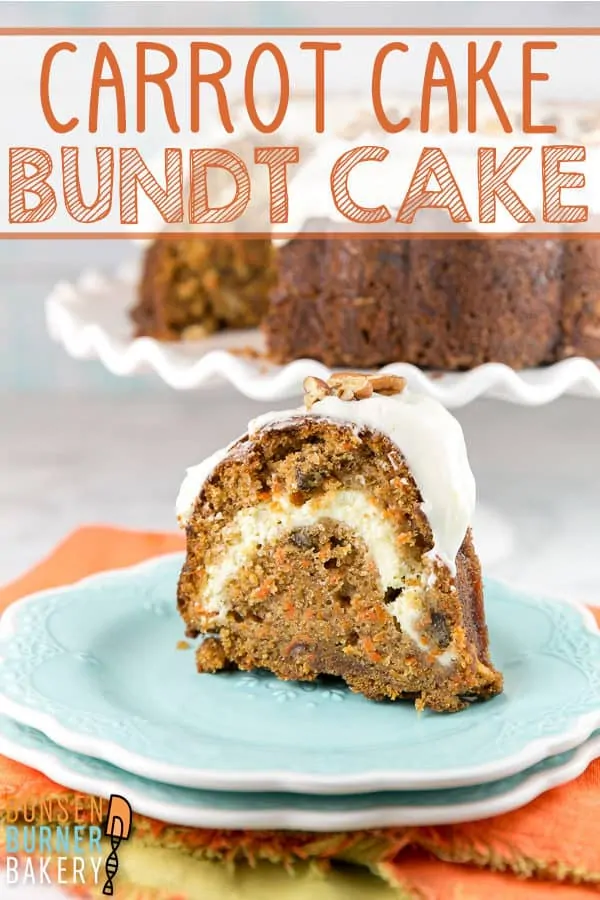 Carrot Bundt Cake with Cream Cheese Swirl: this easy and moist carrot cake is baked in a bundt pan and topped with cream cheese frosting. Don't forget the swirl of cream cheese stuffed in the middle! #bunsenburnerbakery #cake #bundtcake #carrotcake