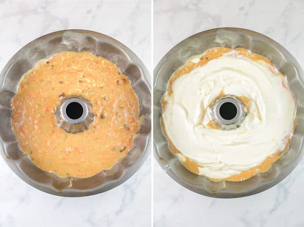 side by side photos showing a bundt cake pan with a layer of carrot cake batter and with a layer of cream cheese swirl on top of the batter