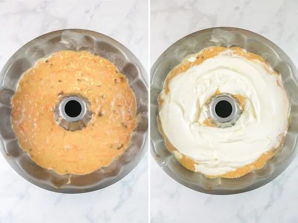 side by side photos showing a bundt cake pan with a layer of carrot cake batter and with a layer of cream cheese swirl on top of the batter.