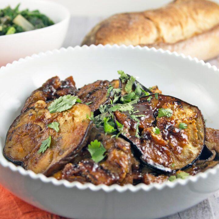 eggplant covered in a sweet and spicy honey glaze