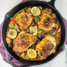 One Pan Tahini Chicken with Brussels Sprouts and Potatoes: An easy one pan recipe with chicken thighs and vegetables seared to crispy perfection and baked in a lemon tahini sauce.  Dairy free, gluten free, and Whole 30 compliant! #bunsenburnerbakery #chicken #tahini #glutenfree #whole30