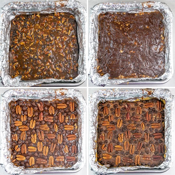 four panels showing how to layer turtle brownies