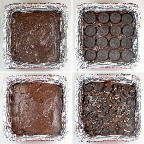 four pictures showing brownie batter, a layer of oreos, more brownie batter, and chopped oreos on top