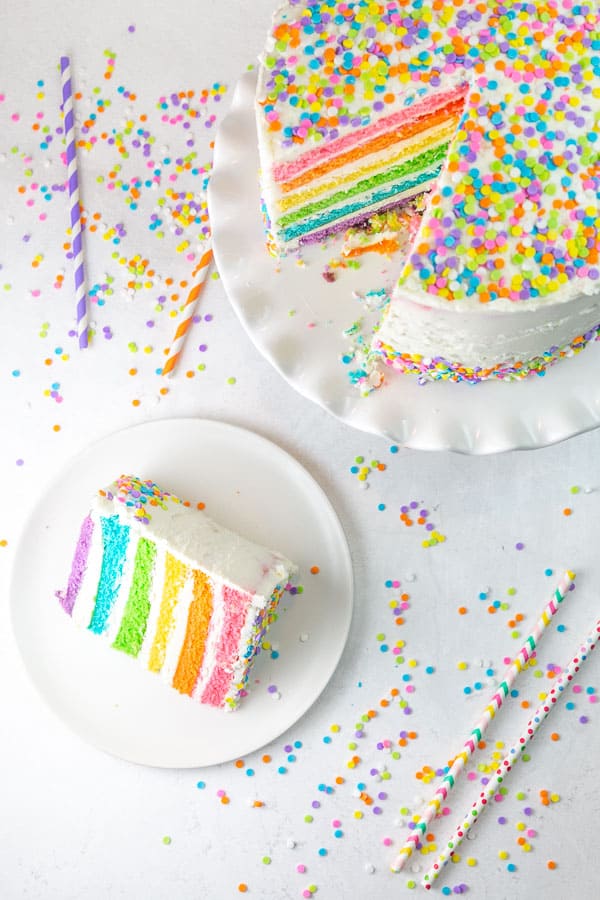 overhead view of a cake covered in pastel sprinkles