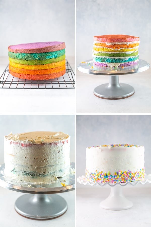 four panels showing the baked cakes, cakes stacked with frosting, crumb coat, and finished decorated cake