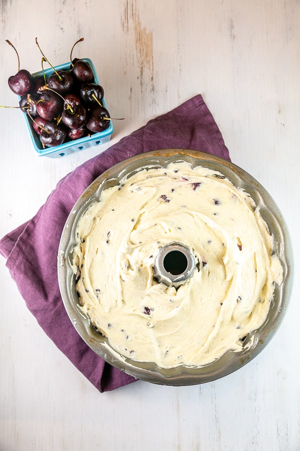 pound cake batter poured into a bundt pan