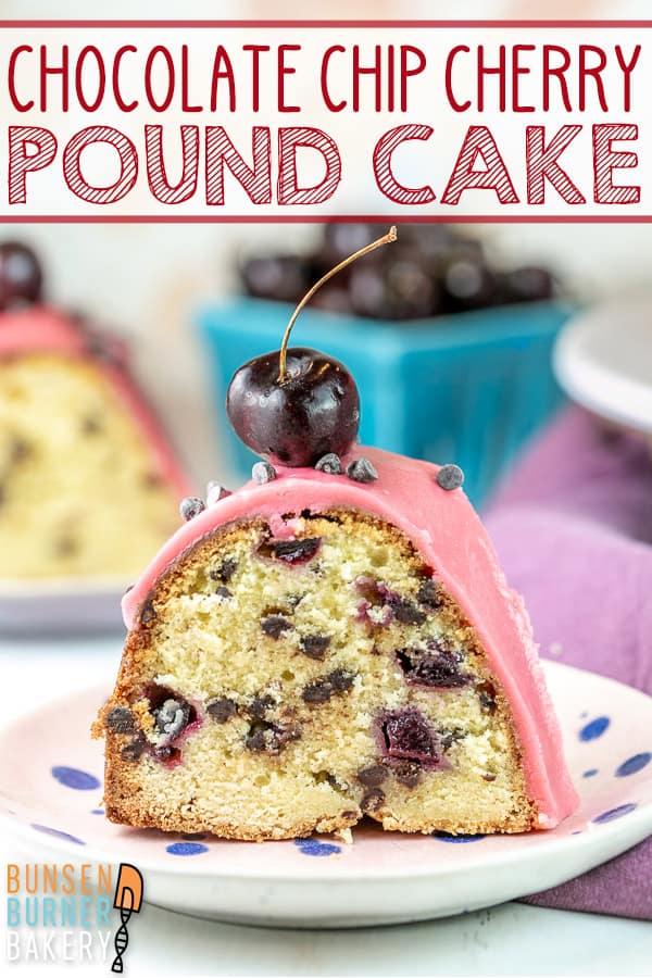 Chocolate Chip Cherry Pound Cake: an easy, moist vanilla almond pound cake filled with chopped cherries (fresh, frozen, or maraschino) and chocolate chips, topped with a cherry fudge frosting. Make in a bundt pan or loaf pan.