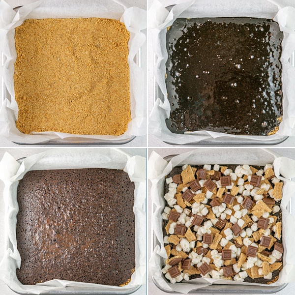 four photos showing graham cracker crust, unbaked brownies, baked brownies, and brownies topped with marshmallows and chocolate