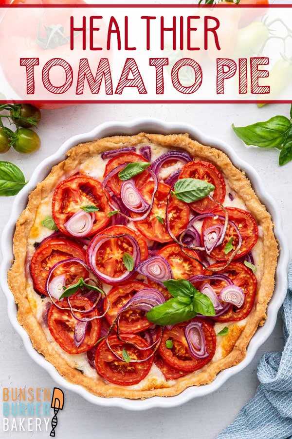 Healthier Tomato Pie Recipe: it's time for a healthier take on Southern tomato pie, enjoying delicious fresh tomato flavor with minimal mayo and a perfectly crispy crust.