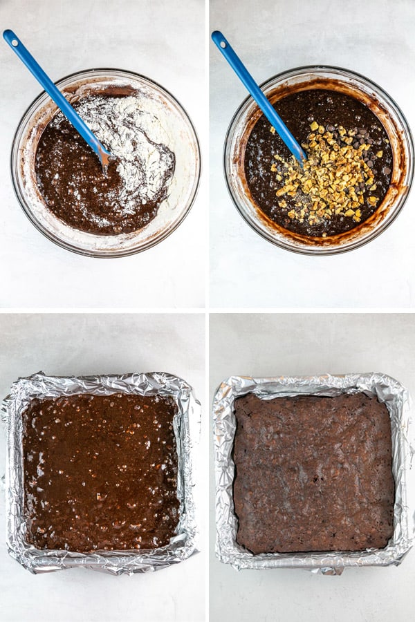 mixing brownie batter in a bowl and brownies before and after baking