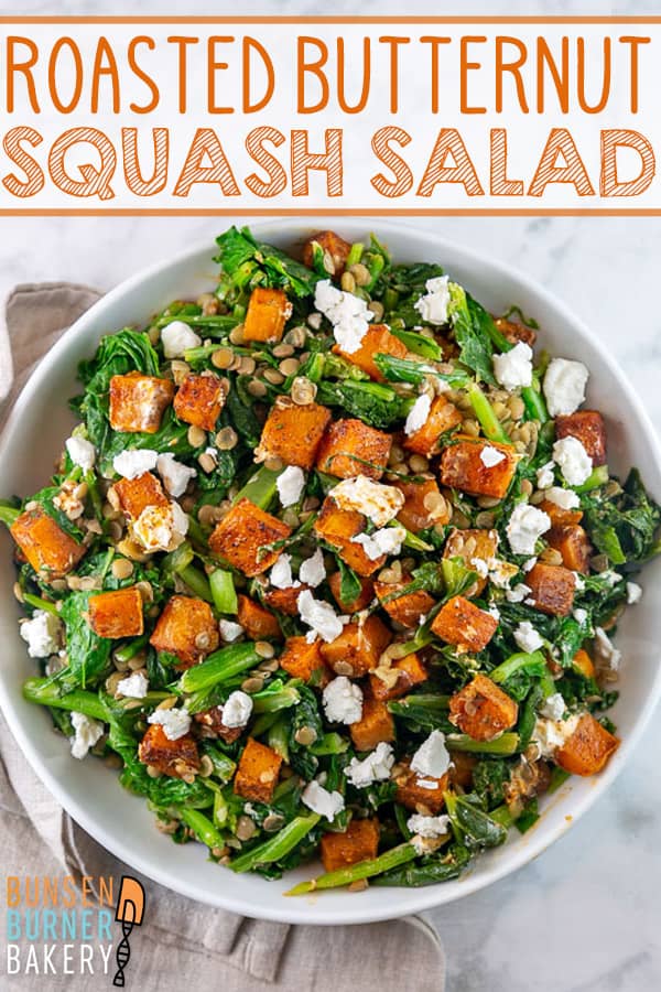 Spicy Butternut Squash Salad: Packed full of nutritional superfoods, this healthy salad with roasted butternut squash and lentils is delicious for lunch or dinner or as a holiday side. #bunsenburnerbakery #butternutsquash #salad #lentils
