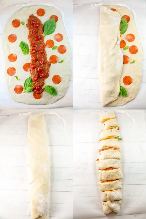 four pictures showing how to layer toppings, fold the dough, and slice into pizza rolls