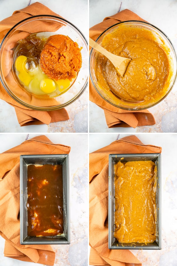 mixing pumpkin bread batter by hand and layering with salted caramel in a loaf pan.