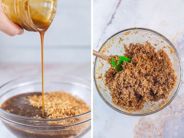 pouring homemade caramel into coconut and stirring into a coconut caramel layer