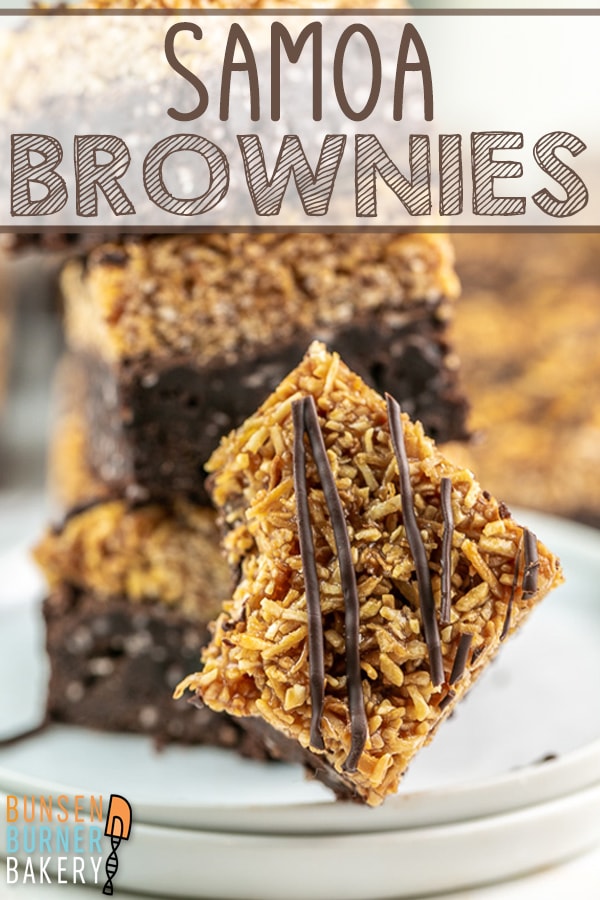 Samoa Brownies: Homemade fudgy brownies with coconut caramel and a chocolate drizzle! This easy recipe tastes just like a brownie version of the famous Girl Scout cookies - but you can make it yourself at home anytime! 