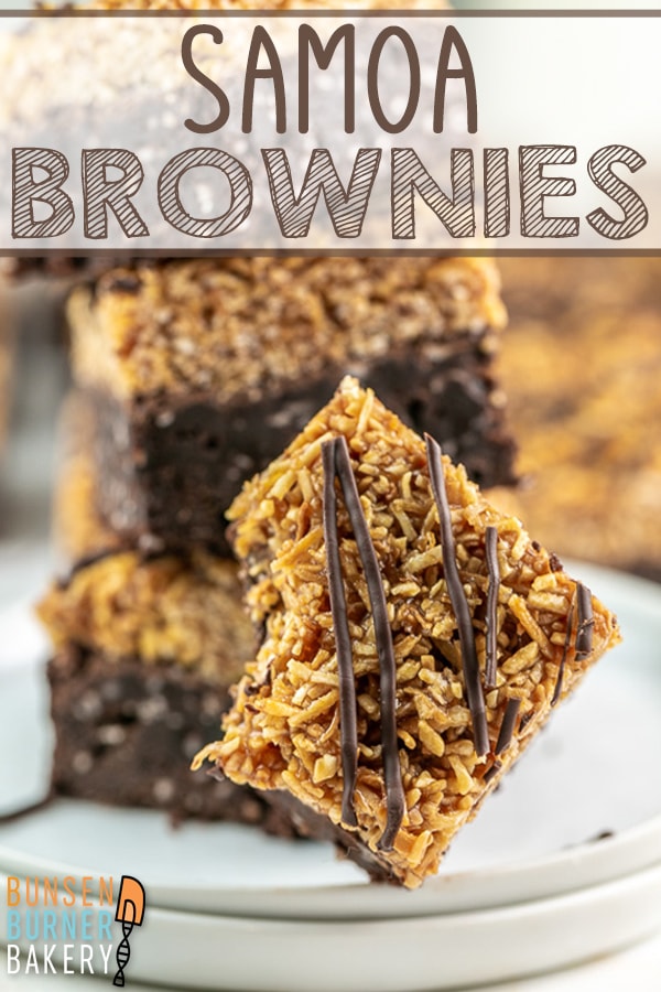 Samoa Brownies: Homemade fudgy brownies with coconut caramel and a chocolate drizzle! This easy recipe tastes just like a brownie version of the famous Girl Scout cookies - but you can make it yourself at home anytime!