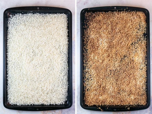 side by side picture showing coconut on a sheet pan before and after toasting